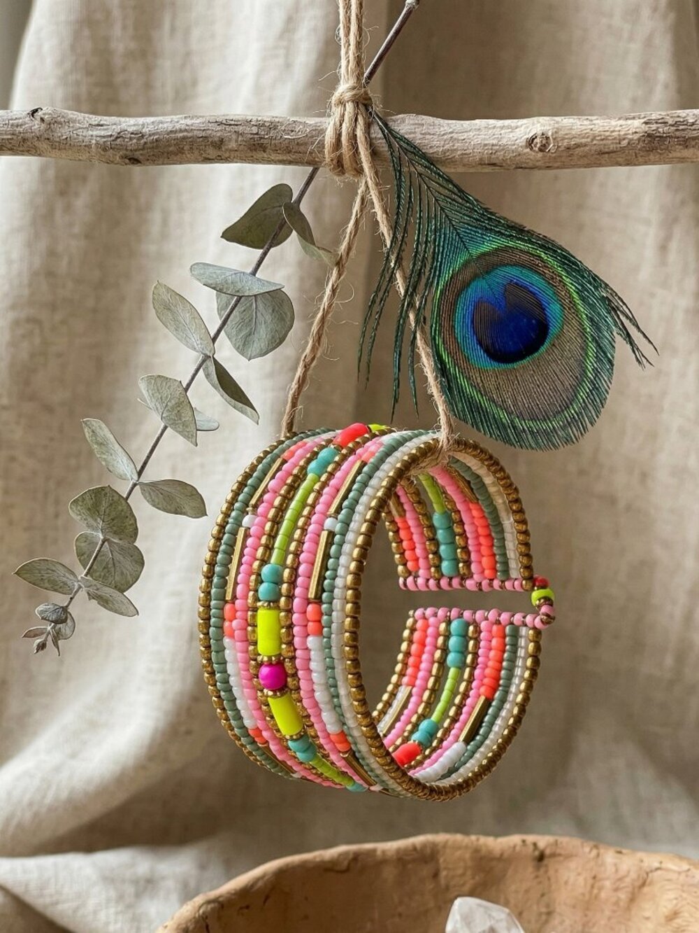 Boho Handmade India Neon Pastel Beaded Stretch Cuff Bracelet Festival Gift